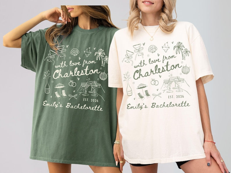 With Love From Charleston Bachelorette Shirt, Custom Location Beach Bridal Party Matching T-Shirt, Tropical Girls Weekend Trip Tops