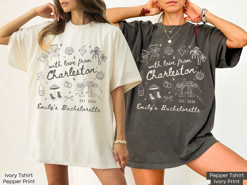 With Love From Charleston Bachelorette Shirt, Custom Location Beach Bridal Party Matching T-Shirt, Tropical Girls Weekend Trip Tops