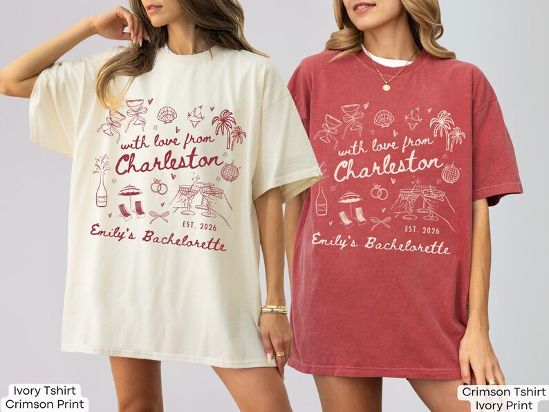 With Love From Charleston Bachelorette Shirt, Custom Location Beach Bridal Party Matching T-Shirt, Tropical Girls Weekend Trip Tops