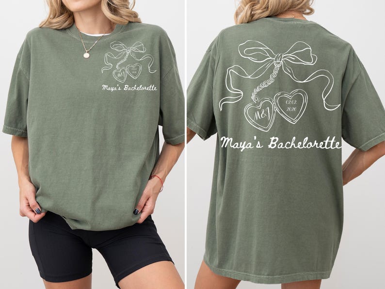 Bow Bachelorette Shirt, Coquette Bridal Party Tee, Heart Locket Bride T-Shirt, Future Mrs Shirt, Minimalist Bridesmaid Gift