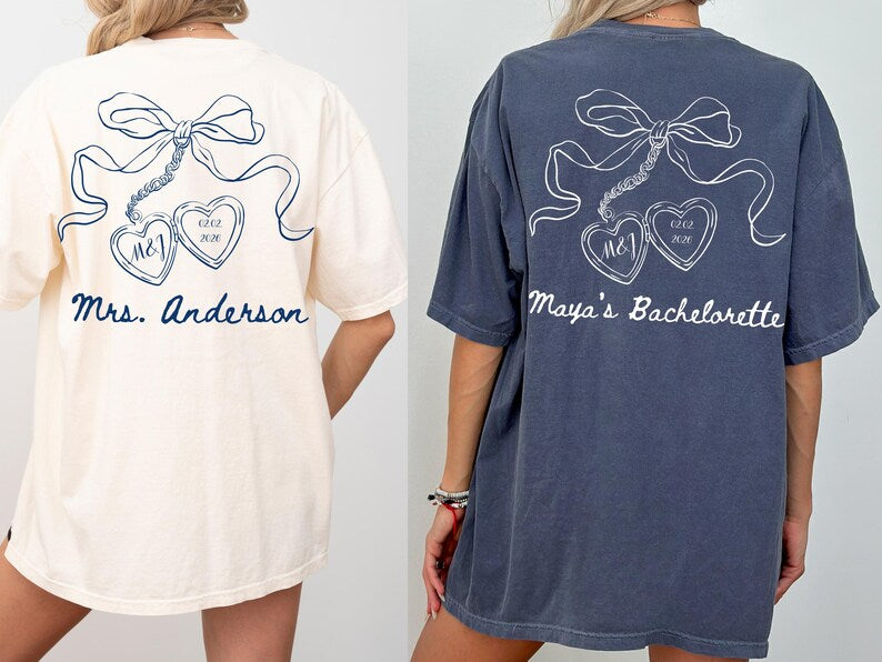 Bow Bachelorette Shirt, Coquette Bridal Party Tee, Heart Locket Bride T-Shirt, Future Mrs Shirt, Minimalist Bridesmaid Gift
