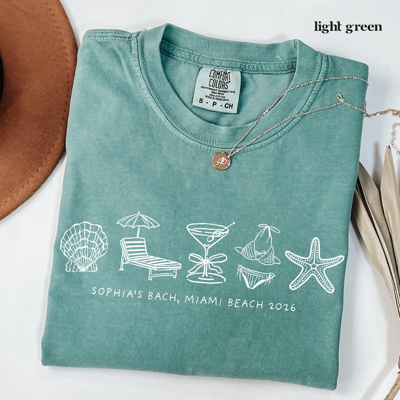 Custom Beach Bachelorette Comfort Colors Shirt, Coastal Bride Trip Tee, Bikini Shell Cocktail Party Shirt