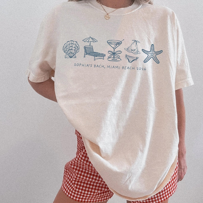 Custom Beach Bachelorette Comfort Colors Shirt, Coastal Bride Trip Tee, Bikini Shell Cocktail Party Shirt