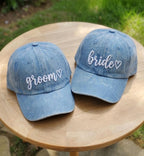 Personalized Groom Bride Hat, Custom Embroidered Wedding Couple Cap, Bachelorette Party Gift, Script Font Heart Hat, Matching Honeymoon Cap