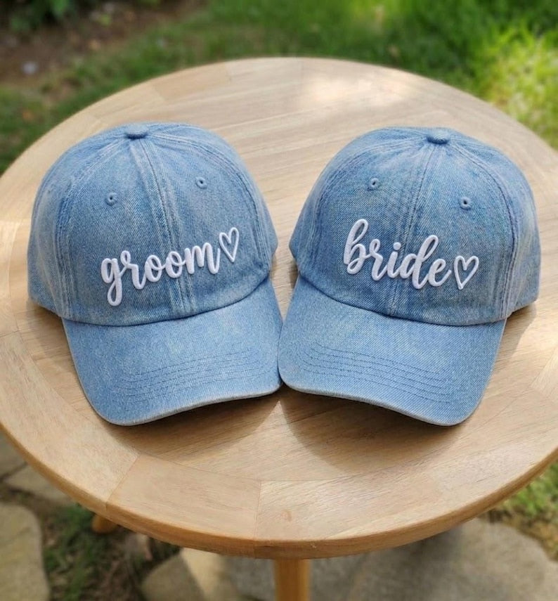 Personalized Groom Bride Hat, Custom Embroidered Wedding Couple Cap, Bachelorette Party Gift, Script Font Heart Hat, Matching Honeymoon Cap