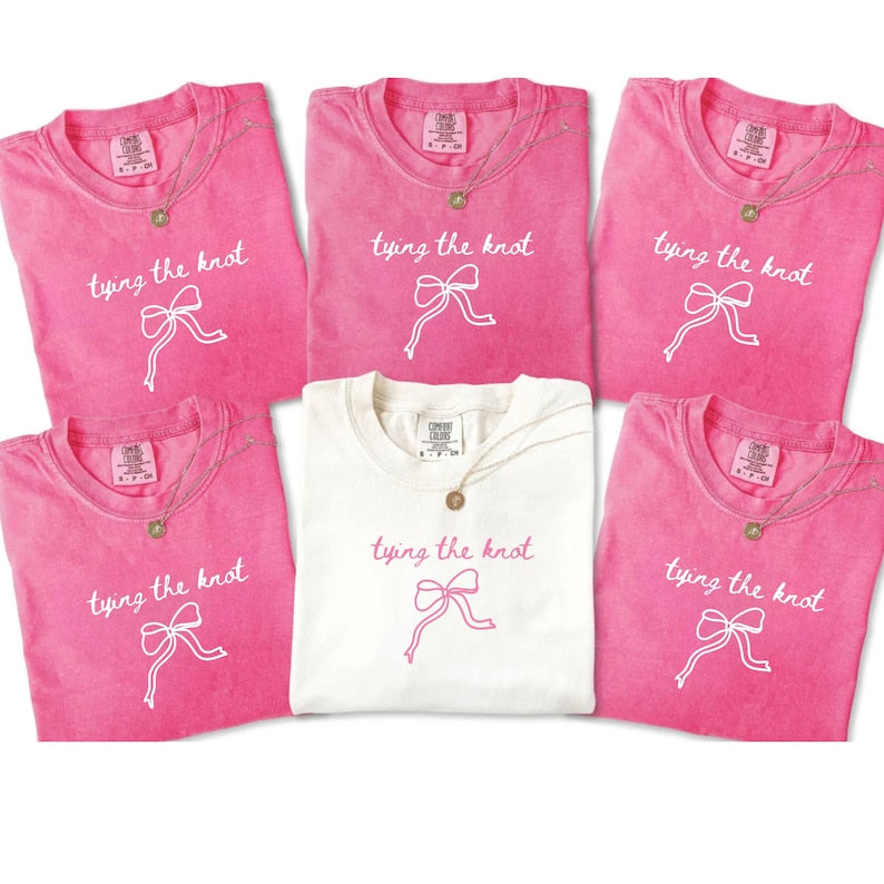 Tying the Knot Coquette Bow Bachelorette Shirts, Pink Bow Bachelorette Shirts, Tying The Knot Pink Bow Shirts