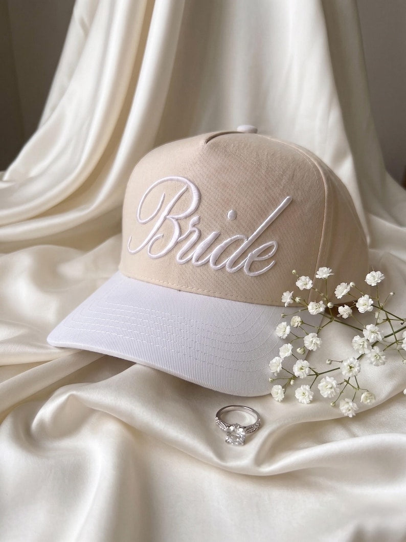 Bride Hat White Beige Embroidered, Bridal Hat, Bachelorette Party Hat, Wedding Gift for Bride, Honeymoon Hat, Future Mrs Cap