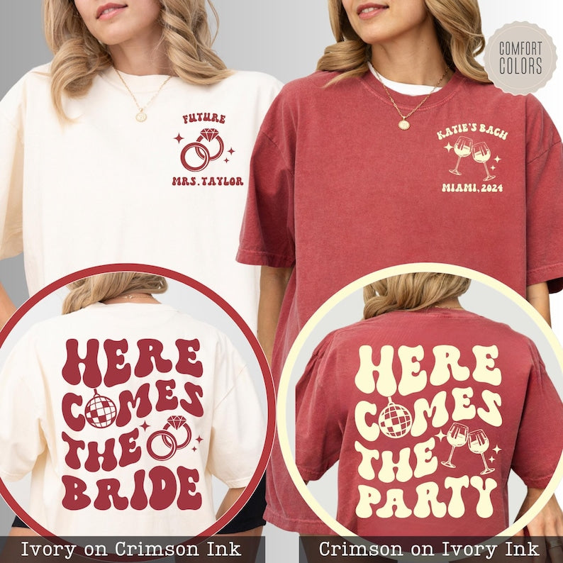 Comfort Colors® Custom Bachelorette Party Shirts - Heres Comes The Bride - Retro Bachelorette Tees - Bridesmaid Gifts - Bridal Party Gifts