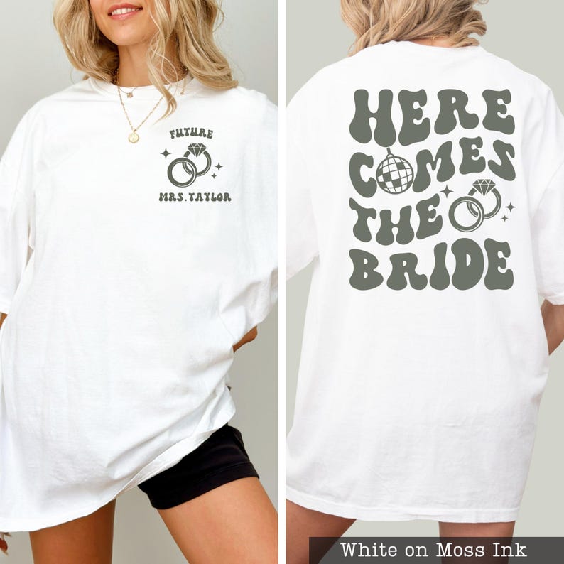 Comfort Colors® Custom Bachelorette Party Shirts - Heres Comes The Bride - Retro Bachelorette Tees - Bridesmaid Gifts - Bridal Party Gifts