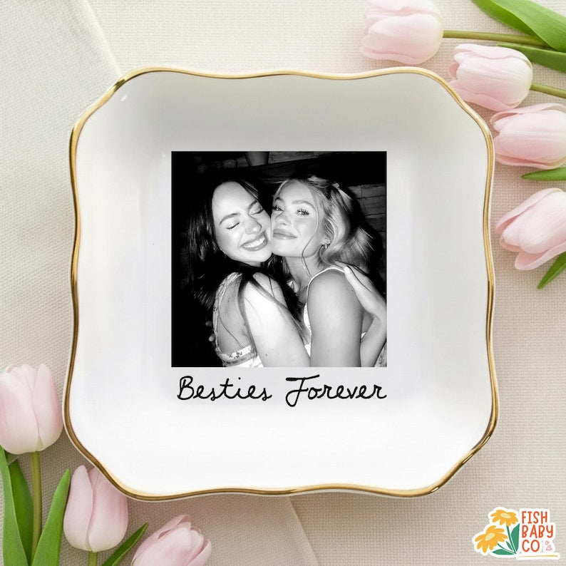 Custom Besties Photo Jewelry Dish, Maid of Honor Trinket Tray, Sister Keepsake, Bridal Gift