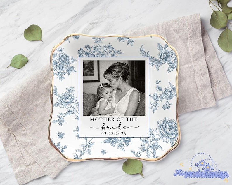 Personalized Mother Of The Bride Jewelry Dish, Custom Toile De Jouy Photo Jewelry Plate, Sentimental Wedding Gift For Mom, Mom Gift