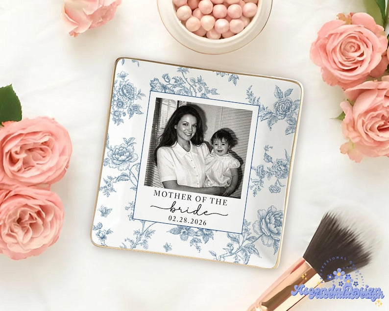 Personalized Mother Of The Bride Jewelry Dish, Custom Toile De Jouy Photo Jewelry Plate, Sentimental Wedding Gift For Mom, Mom Gift