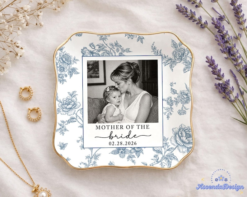 Personalized Mother Of The Bride Jewelry Dish, Custom Toile De Jouy Photo Jewelry Plate, Sentimental Wedding Gift For Mom, Mom Gift