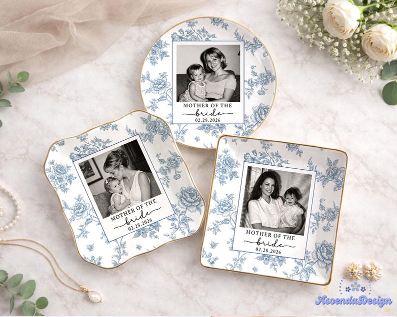 Personalized Mother Of The Bride Jewelry Dish, Custom Toile De Jouy Photo Jewelry Plate, Sentimental Wedding Gift For Mom, Mom Gift