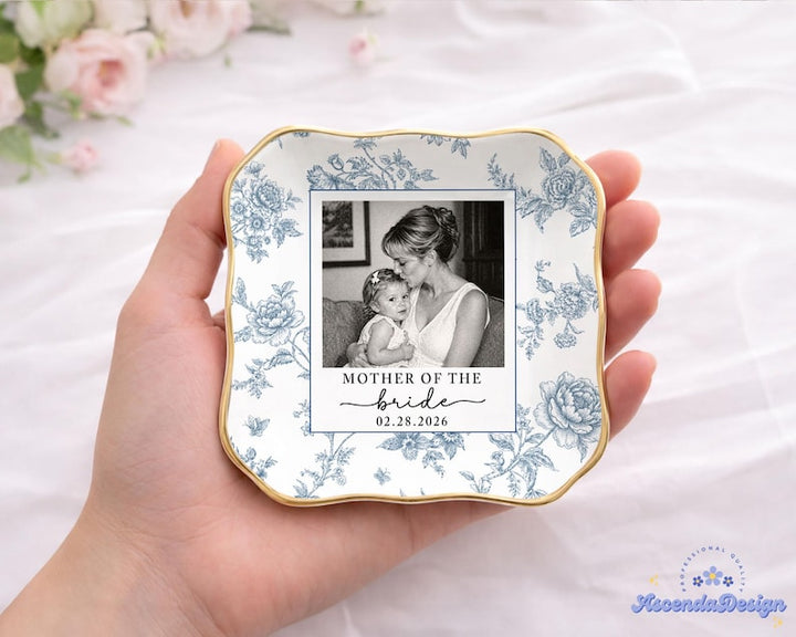 Personalized Mother Of The Bride Jewelry Dish, Custom Toile De Jouy Photo Jewelry Plate, Sentimental Wedding Gift For Mom, Mom Gift