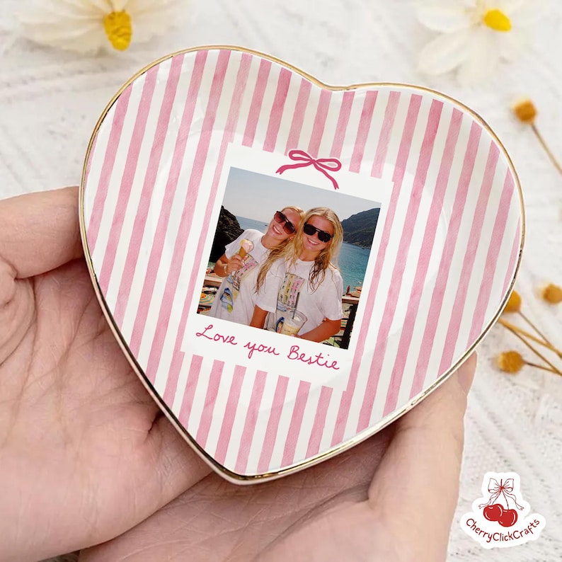 Personalized Bestie Photo Jewelry Dish, Ceramic Trinket Tray for Best Friend, Bestie Striped Ring Dish, Birthday Gifts For Bestie
