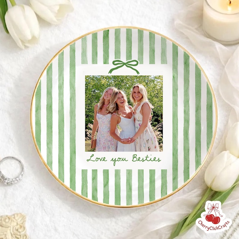 Personalized Bestie Photo Jewelry Dish, Ceramic Trinket Tray for Best Friend, Bestie Striped Ring Dish, Birthday Gifts For Bestie