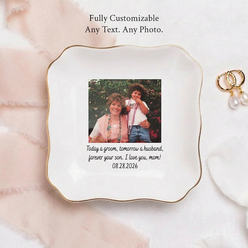 Custom Photo Mother of The Groom Jewelry Dish, Mother of The Bride Jewelry Plate, Jewelry Tray for Mom, Sentimental Wedding Day Gift Mom #P1
