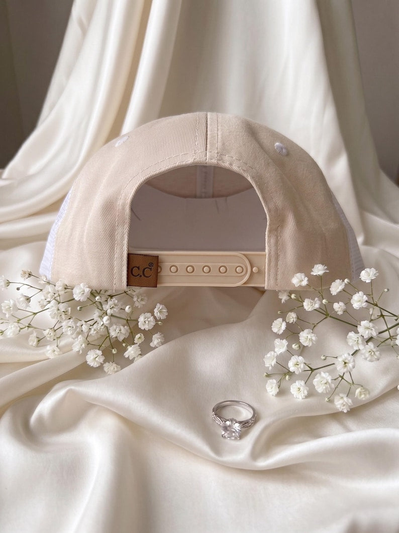 Bride Hat White Beige Embroidered, Bridal Hat, Bachelorette Party Hat, Wedding Gift for Bride, Honeymoon Hat, Future Mrs Cap
