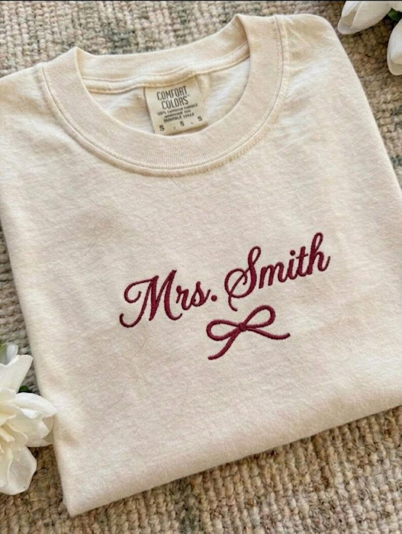 Custom Embroidery Mrs Bride Comfort Colors Shirt, Coquette Bow Bride Tee, Bachelorette Party Shirt, Engagement Gift, Wedding Gift for Her