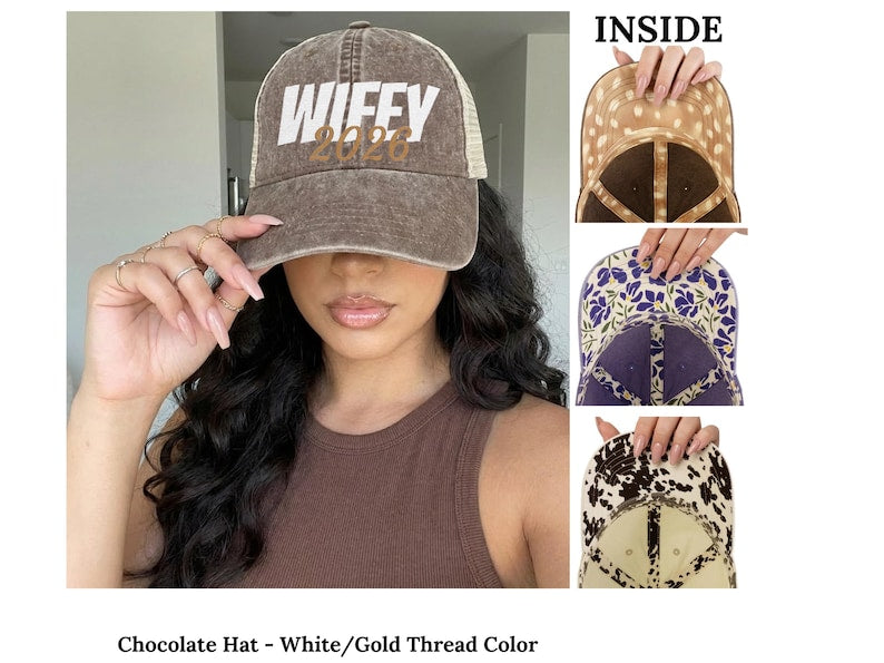 Custom Embroidered Wifey Wedding Date Gift for New Bride To-Be Text Mesh-Back Snapback Ponytail Retro Baseball Cap Vintage Style Trucker Hat