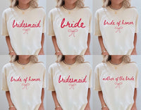 Coquette Bow Bride Shirt, Bachelorette Party Matching Tees, Bridesmaid Tee, Wedding Day Gift, Bridal Shower Shirts