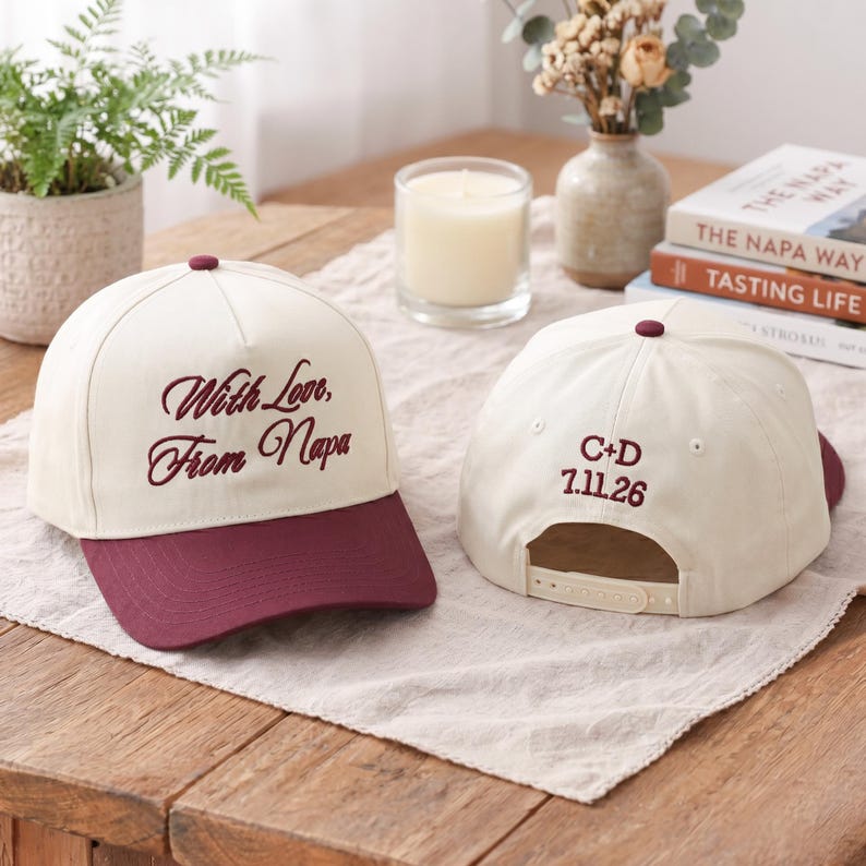 Custom Text Embroidered Hat, Your Text Here, Personalized Wedding Baseball Cap With Date, Newlywed Honeymoon Gift, Matching Couple Hats