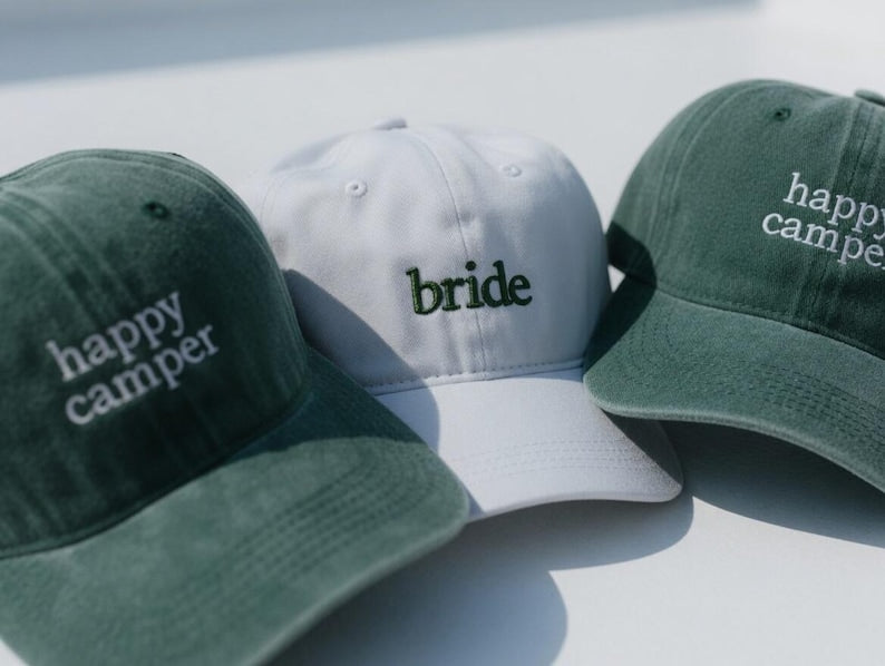 Happy Camper Bride Embroidered Hat, Bachelorette Party Camping Gift Cap, Embroidered Camp Bachelorette Hat, Bridal Party Gift, Bachelorette
