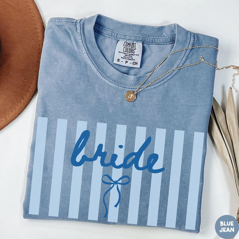 Comfort Colors® Bride Shirt, Engagement Shirt for Bride, Newly Engaged Gift for Her, Stripes Coquette Bow Bride Shirt, Bridal Shower TShirt