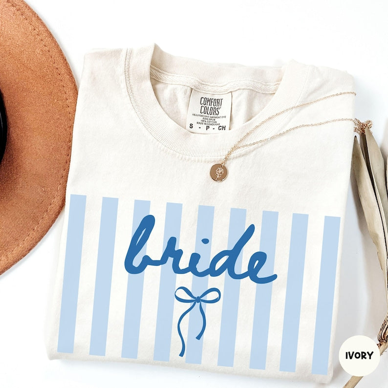 Comfort Colors® Bride Shirt, Engagement Shirt for Bride, Newly Engaged Gift for Her, Stripes Coquette Bow Bride Shirt, Bridal Shower TShirt