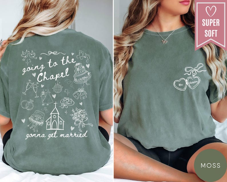 Comfort Colors® Going to the Chapel Personalized Bridal Shirt, Wedding Day of Bride Tee, Gift for Newly Engaged Custom Coquette Future Mrs.