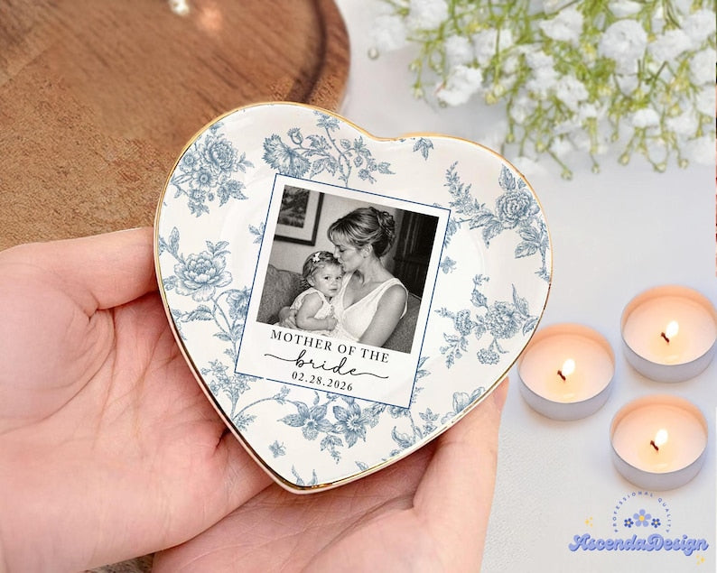 Personalized Mother Of The Bride Jewelry Dish, Custom Toile De Jouy Photo Jewelry Plate, Sentimental Wedding Gift For Mom, Mom Gift