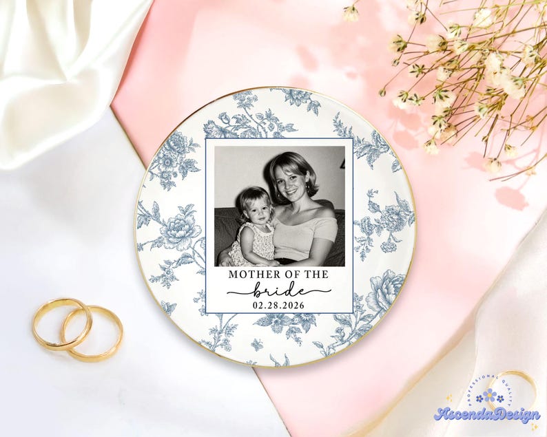 Personalized Mother Of The Bride Jewelry Dish, Custom Toile De Jouy Photo Jewelry Plate, Sentimental Wedding Gift For Mom, Mom Gift