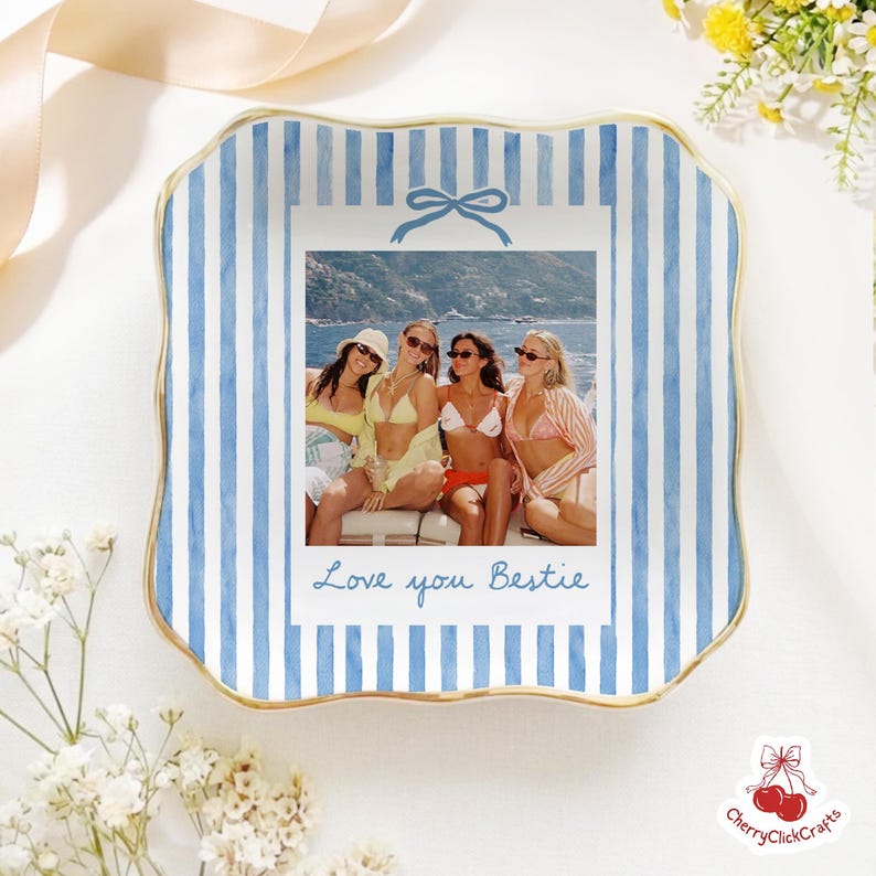 Personalized Bestie Photo Jewelry Dish, Ceramic Trinket Tray for Best Friend, Bestie Striped Ring Dish, Birthday Gifts For Bestie