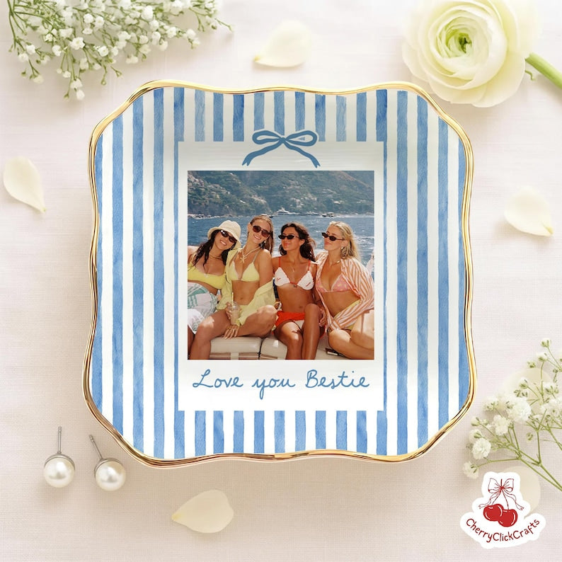 Personalized Bestie Photo Jewelry Dish, Ceramic Trinket Tray for Best Friend, Bestie Striped Ring Dish, Birthday Gifts For Bestie