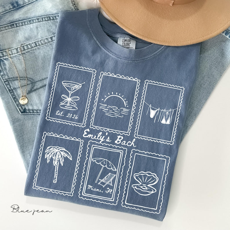 Custom Beach Bachelorette Comfort Colors Shirt, Coastal Bride Trip Tee, Bikini Shell Cocktail Party Shirt, Personalized group T-shirt, Gift