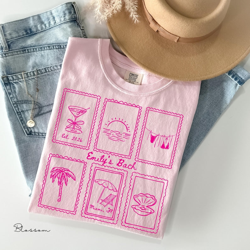 Custom Beach Bachelorette Comfort Colors Shirt, Coastal Bride Trip Tee, Bikini Shell Cocktail Party Shirt, Personalized group T-shirt, Gift
