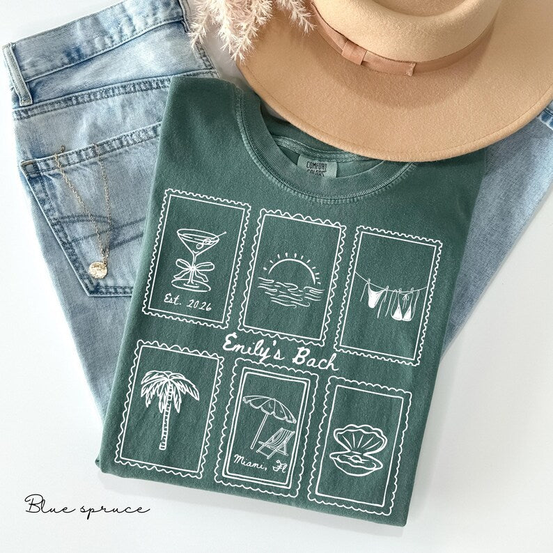 Custom Beach Bachelorette Comfort Colors Shirt, Coastal Bride Trip Tee, Bikini Shell Cocktail Party Shirt, Personalized group T-shirt, Gift