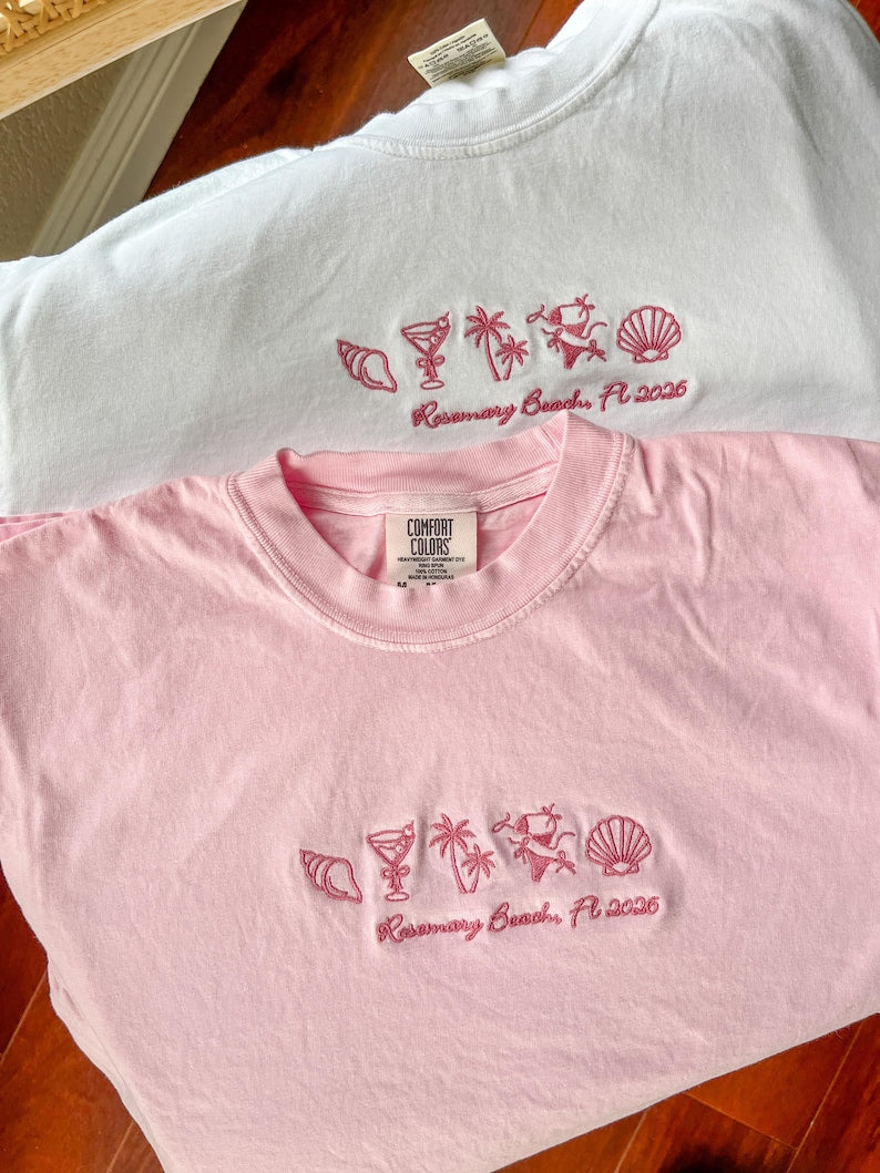 Embroidered Beach Bachelorette Shirts, Custom Bach T-shirt, Coastal Bride, Miami Bridal Party, Bikini Martini Bach, Comfort Colors Tee