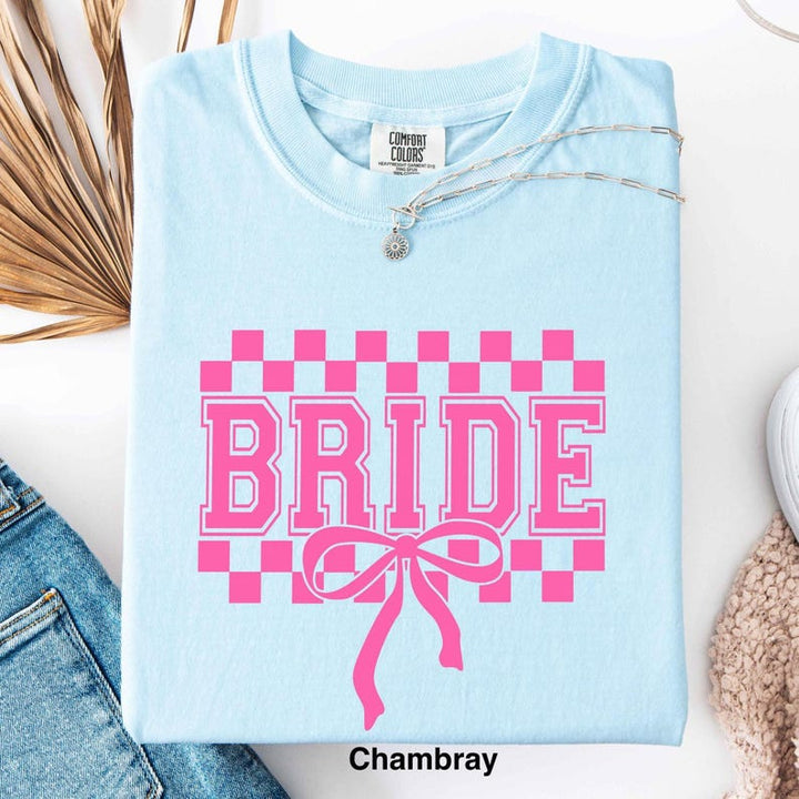 Comfort Colors® Checkered Bachelorette Shirts,Bride To Be Tee,Classy Bach Shirt, Coquette Bow Bride T-Shirt,Hen Party Bride Invitation Shirt
