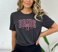 Pink Bride Est 2026 Varsity Shirt, Coquette Bow Bridal Tee