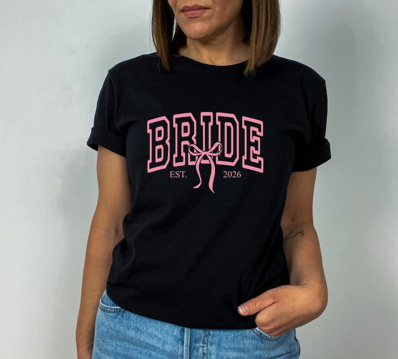 Pink Bride Est 2026 Varsity Shirt, Coquette Bow Bridal Tee