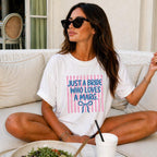 Just A Bride Who Loves A Marg Striped Tee, Bride Margarita Shirt with Coquette Bow, Bachelorette Party Tshirt, Funny Bridal Shower Gift