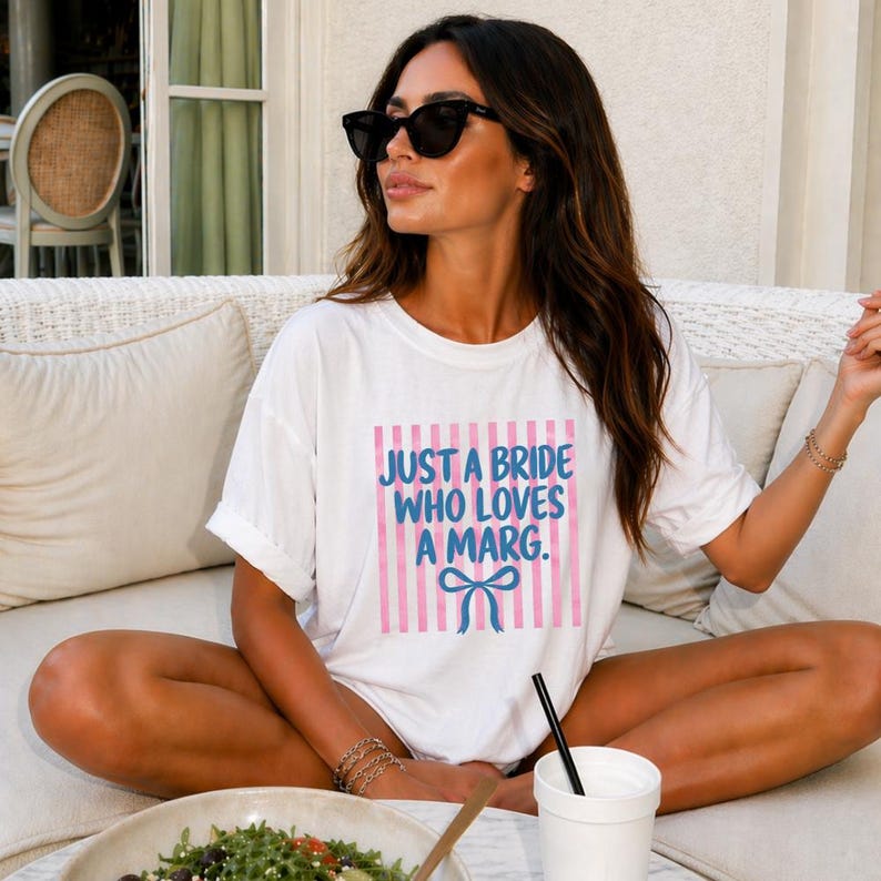 Just A Bride Who Loves A Marg Striped Tee, Bride Margarita Shirt with Coquette Bow, Bachelorette Party Tshirt, Funny Bridal Shower Gift