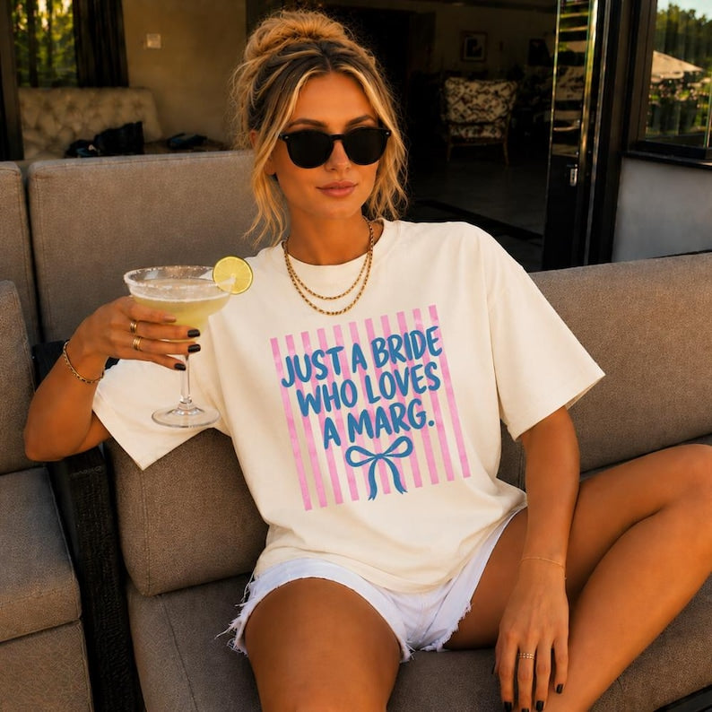 Just A Bride Who Loves A Marg Striped Tee, Bride Margarita Shirt with Coquette Bow, Bachelorette Party Tshirt, Funny Bridal Shower Gift