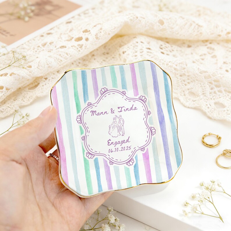 Personalized Wedding Ring Dish, Colorful Stripe Jewelry Dish for Couple, Sentimental Gift for Bride, Engagement Gift, Anniversary