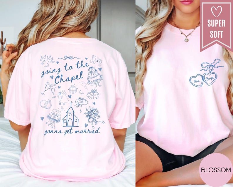Comfort Colors® Going to the Chapel Personalized Bridal Shirt, Wedding Day of Bride Tee, Gift for Newly Engaged Custom Coquette Future Mrs.