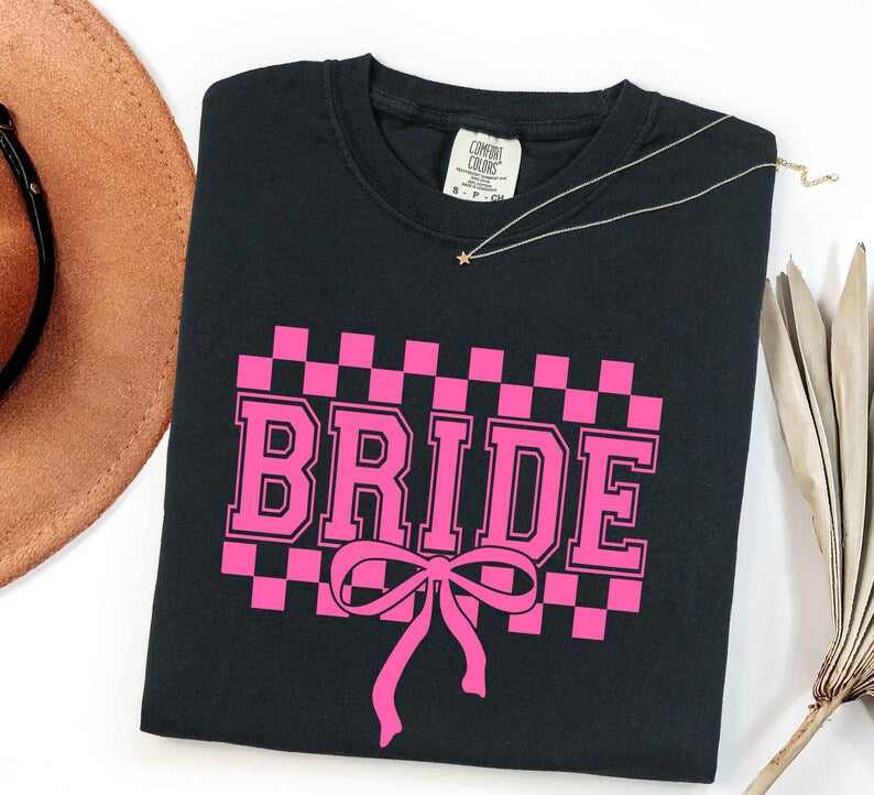 Comfort Colors® Checkered Bachelorette Shirts,Bride To Be Tee,Classy Racing Bach Shirt,Coquette Bow Bride T-Shirt,Hen Party Invitation Shirt