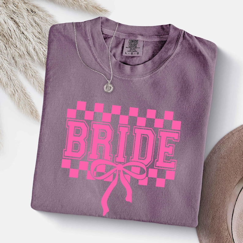 Comfort Colors® Checkered Bachelorette Shirts,Bride To Be Tee,Classy Racing Bach Shirt,Coquette Bow Bride T-Shirt,Hen Party Invitation Shirt