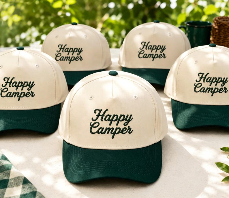 Custom Embroidered Trucker Hat, Happy Camper Hat, Dad hat,Matching Group Hats, Girls Trip Cap, Vacation Hat, Bachelorette Gift,Summer hat